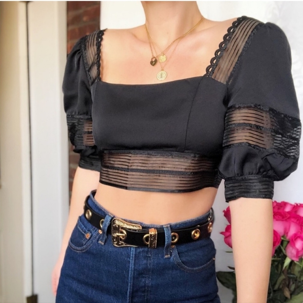 NWT Glam Black Puff SleeveOrganza Crop Top